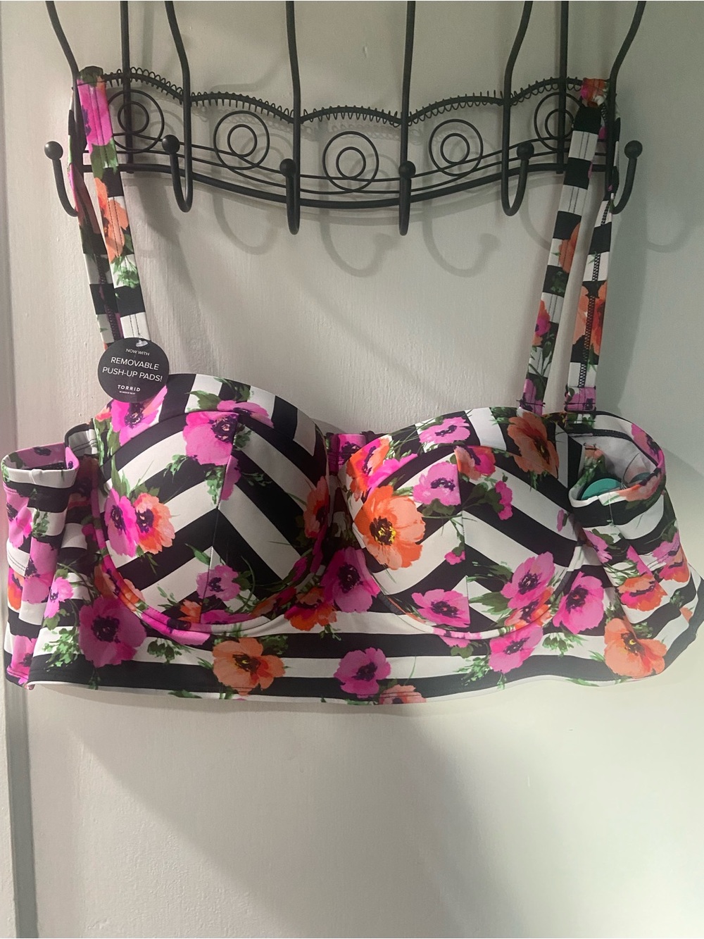 NWT Floral Push-Up Bikini Top in Black & White with Pink and Orange flowers